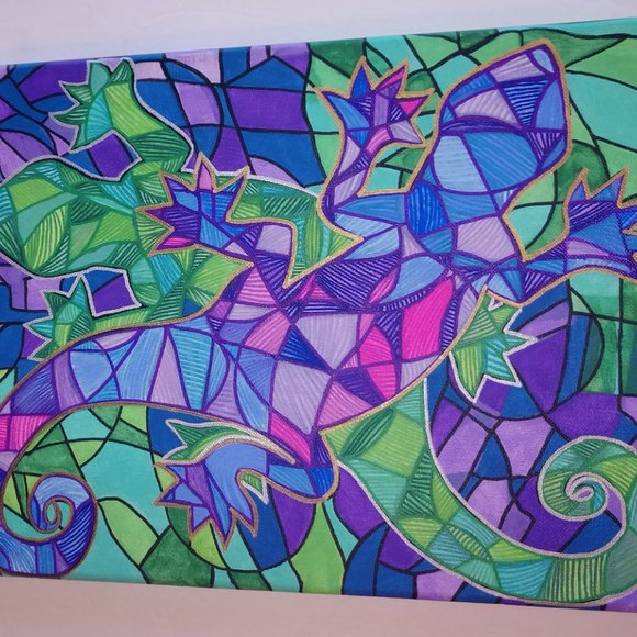 Abstract Style Painting Of Two Purple & Green Geckos Hand Painted 14x11 Canvas - Picture 16 of 16